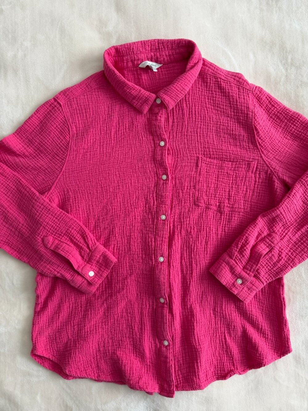 Lucky Brand Womens L Hot Pink Gauze Button Down Shirt Coastal Flowy Resort Boho